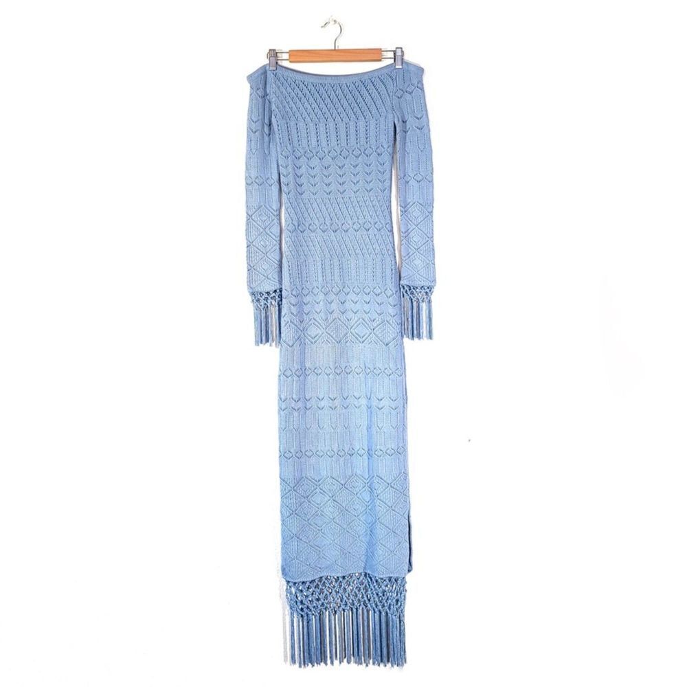 NEW House of Harlow x REVOLVE Rose Dress Crochet Maxi Tassels in Dusty Blue XS